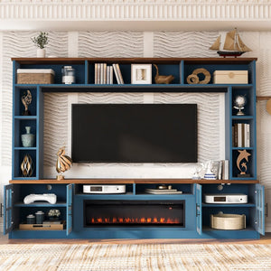 English Elm U-can Modern Farmhouse Wall Unit with Electric Fireplace Bookshelves and Glass Cabinet Doors Navy Blue SJ000153AAN