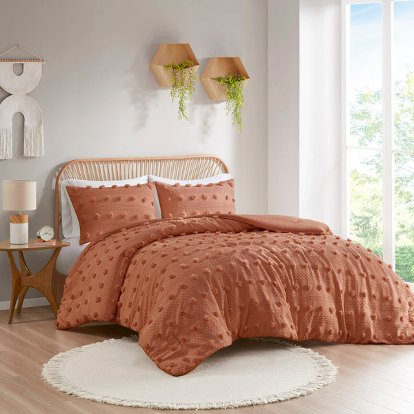 JLA Home Intelligent Design - Clip Jacquard Pompom Comforter Set — Hypoallergenic, OEKO‑TEX & Antimicrobial, Textured Easy‑Care Bedding Rust ID10-2273