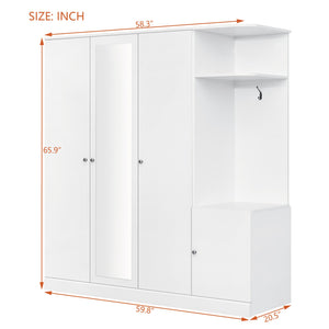 English Elm 4-Door Wardrobe with Full-Length Mirror, Dust-Proof Compartments, Shoe Door & Anti-Tip Safety Features White N820S00056K