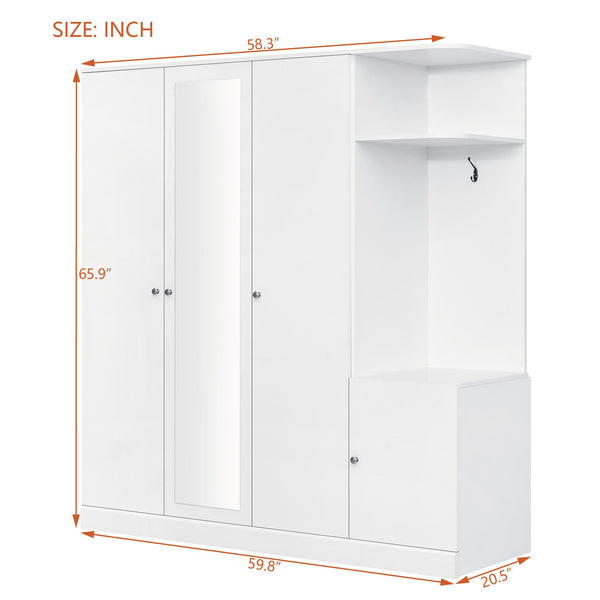 English Elm 4-Door Wardrobe with Full-Length Mirror, Dust-Proof Compartments, Shoe Door & Anti-Tip Safety Features White N820S00056K