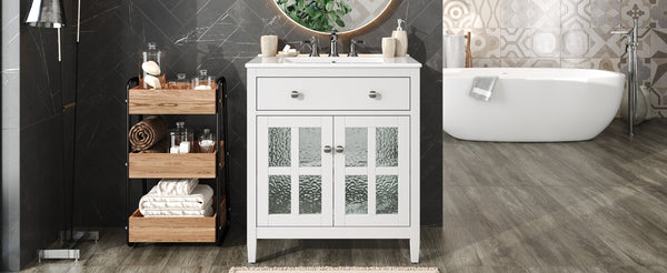 English Elm Christopher Knight Home® - 30" Bathroom Vanity with Ceramic Sink, Solid Wood Legs, Adjustable Shelf, Tip-Out Tray, Soft-Close Hinges, Silver Knobs, Moisture-Resistant Finish White N817P286250W