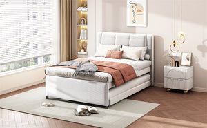 English Elm Full Size Upholstered Platform Bed With Versatile Trundle - Stylish Beige Design For Any Space! DL001678AAA