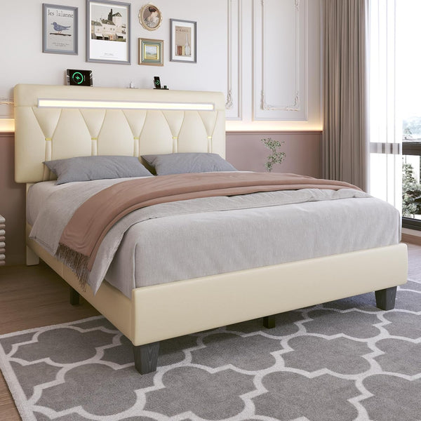 English Elm King Bed Frame With Adjustable Headboard, Led Lighting & Usb Charging - Upholstered Platform Design T3825P370072