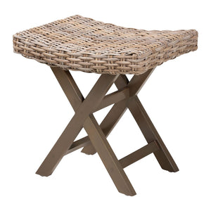 English Elm Bohemian Handwoven Kubu Rattan Footstool with Solid Mahogany Frame Artisan Accent B2750P420408
