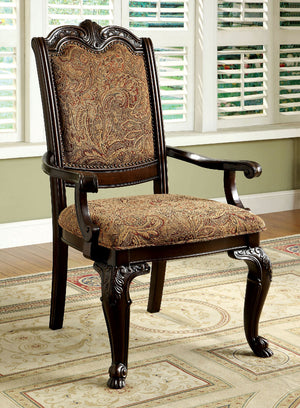 English Elm Formal Brown Cherry Arm Chairs Set of 2 — Solid Wood, Damask Upholstered Seats, Carved Detail, 44"H B011P287533