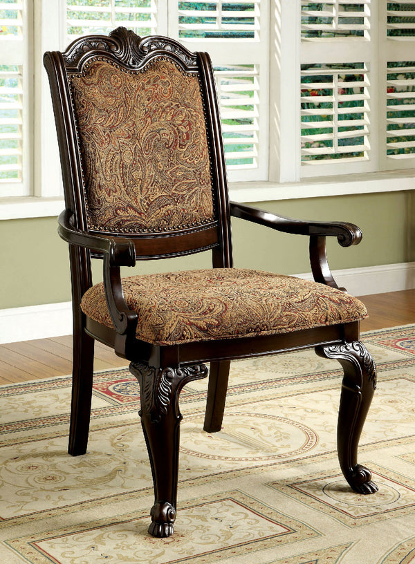 English Elm Formal Brown Cherry Arm Chairs Set of 2 — Solid Wood, Damask Upholstered Seats, Carved Detail, 44"H B011P287533