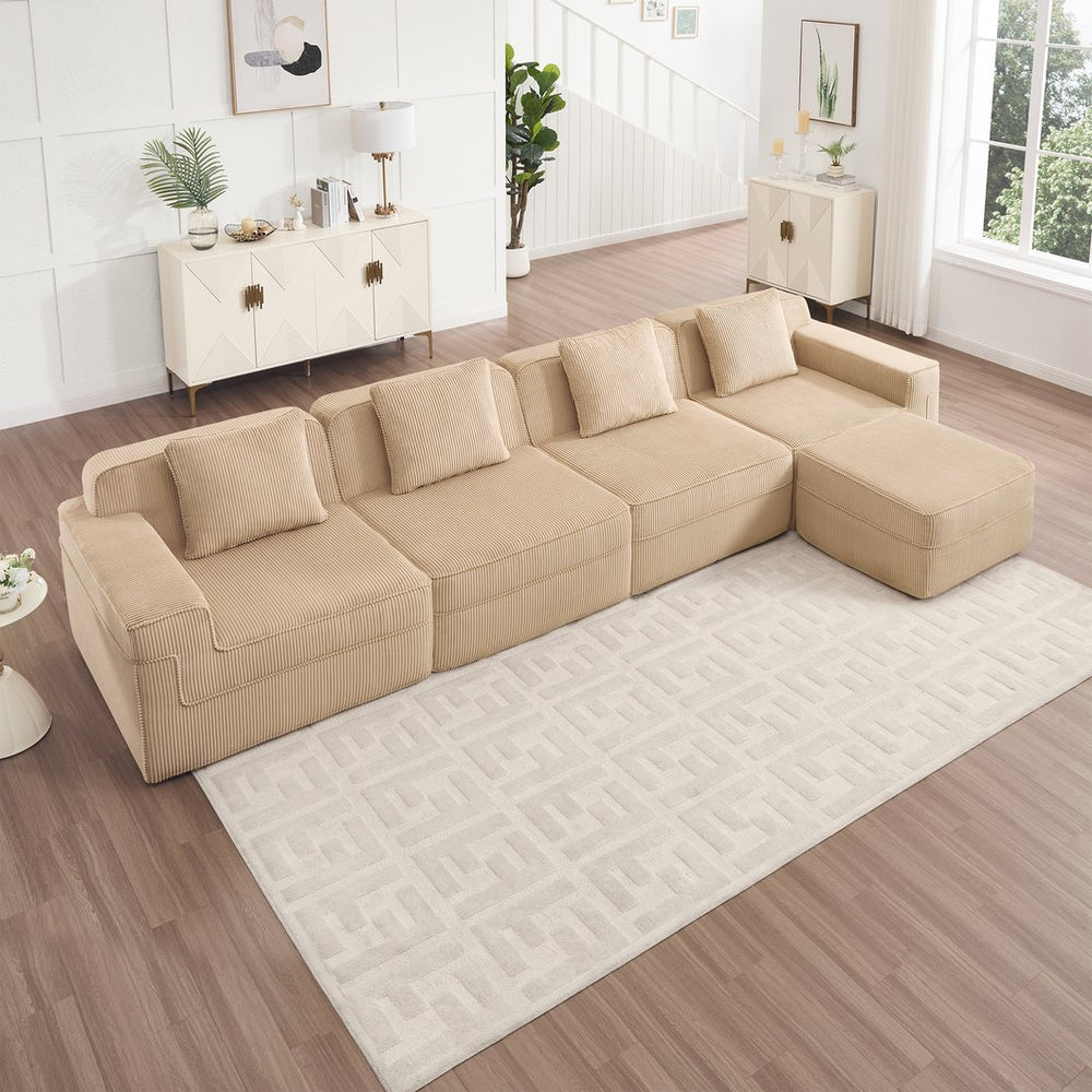 English Elm Modular 4-Seat L-Shaped Sectional Sofa - Plush Corduroy Couch With Movable Ottoman & Pillows W3041S00321