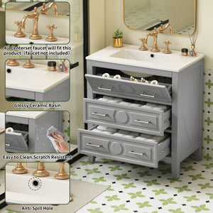 English Elm 30'' Bathroom Vanity with Ceramic Sink, Solid Wood Frame Retro Style Vanity with 3 Drawers & Gold Handles Gray N710P246209E