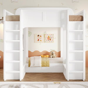 English Elm Triple Bunk Bed Wood Frame with Built in Shelves Hooks for Shared Kids Rooms White N7090004027K