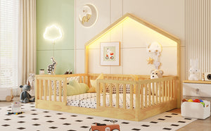 English Elm Twin Montessori Floor Bed House Frame with Led Lighting and Safety Rails for Kids Natural W2593P440609