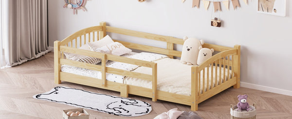 English Elm Twin Montessori Floor Bed Solid Pine Frame with Safety Guardrails for Kids Bedroom Natural N733P400298N