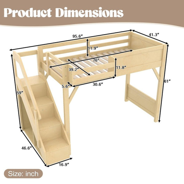 English Elm Twin Low Loft Bed Solid Pine Frame Kids Study Desk Blackboard Storage White Natural W1580S00547