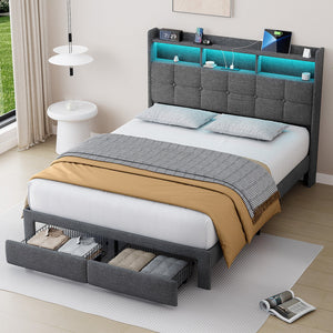 English Elm Queen LED Linen Platform Bed with USB-C/A Charging, 2 Drawers, Memory Foam Headboard, Light Gray W1550P190365