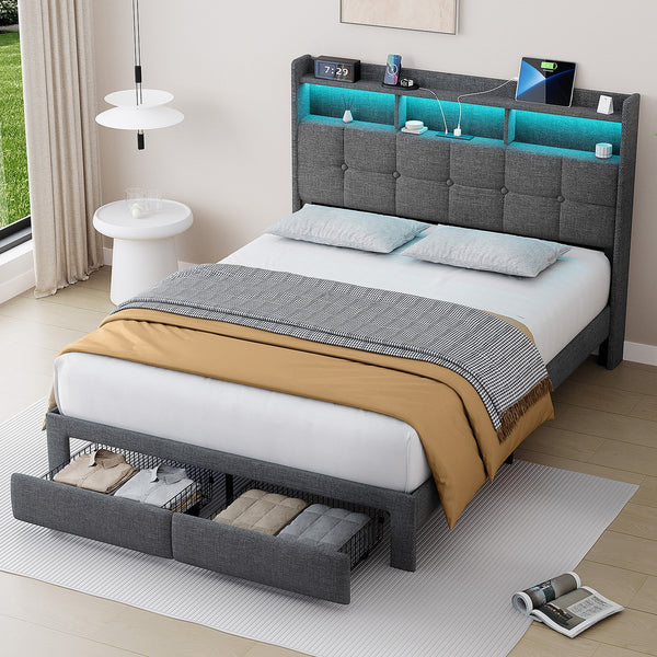English Elm Queen LED Linen Platform Bed with USB-C/A Charging, 2 Drawers, Memory Foam Headboard, Light Gray W1550P190365