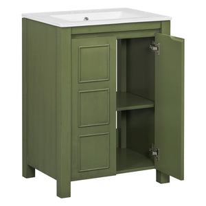 English Elm 24" Vintage Style Small Bathroom Vanity Olive Green with Ceramic Sink, Soft-Close Doors, Shelf (95) N729P292015F