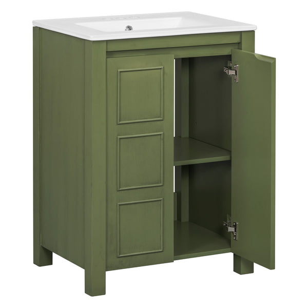 English Elm 24" Vintage Style Small Bathroom Vanity Olive Green with Ceramic Sink, Soft-Close Doors, Shelf (95) N729P292015F