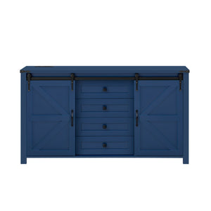 English Elm U-style Farmhouse Sideboard Barn Door Buffet with Drawers Built-in Outlet Dining Navy Blue N711P347377V