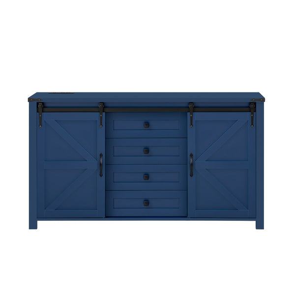 English Elm U-style Farmhouse Sideboard Barn Door Buffet with Drawers Built-in Outlet Dining Navy Blue N711P347377V