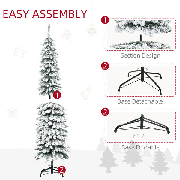 English Elm Homcom 6' Snow Flocked Artificial Christmas Tree - Slim Pencil Design, Realistic Branches & 395 Tips W2225P249620