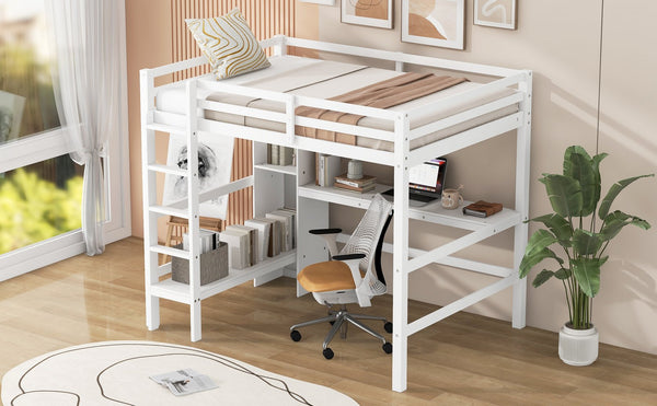 English Elm Full Size Loft Bed With Under-Bed Desk & Multifunction Shelves - Space-Saving White Design For Teens N7090005004K