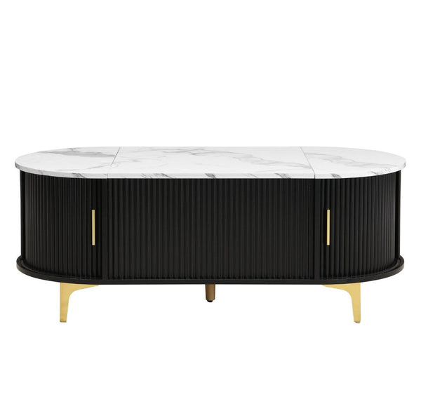 English Elm Modern Mid-century Coffee Table Tambour Doors Open Shelves Warm Wood Living Room Black,Gold,White N770P333549B