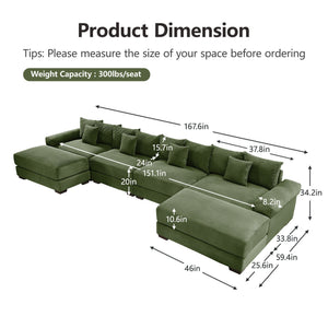 English Elm 170"Oversized Modular U-Shape Sectional Couch - Plush Corduroy, Deep Seating, Movable Ottoman & Pillows W714S01337