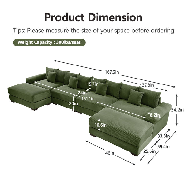English Elm 170"Oversized Modular U-Shape Sectional Couch - Plush Corduroy, Deep Seating, Movable Ottoman & Pillows W714S01337