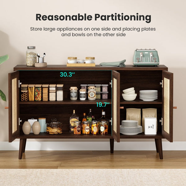 English Elm Sideboard Buffet Cabinet With 3 Rattan Doors - Stylish Walnut Storage For Entryway & Living Spaces T3623P380306-GIGA