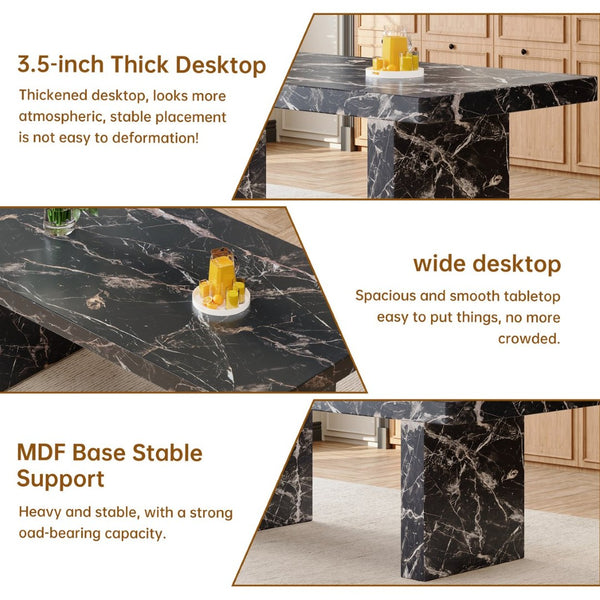 English Elm Table and Chair Set 7 Piece Black Marble Mdf Dining with Pu Leather Seating W1151S04135