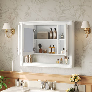 English Elm 35inch White Wall Mounted Medicine Cabinet Mirrored Doors Open Shelving Bathroom Storage N710P415335K