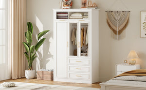 English Elm 3 Door Wardrobe Armoire Closet with LED Lighting, 4-Door Style, 3 Drawers, White Gold Accents, Spacious Storage N7090001843K