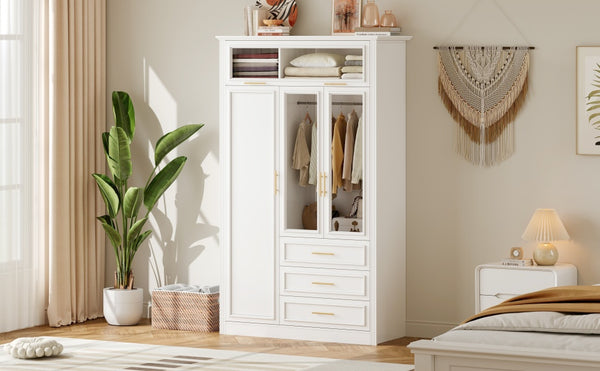 English Elm 3 Door Wardrobe Armoire Closet with LED Lighting, 4-Door Style, 3 Drawers, White Gold Accents, Spacious Storage N7090001843K