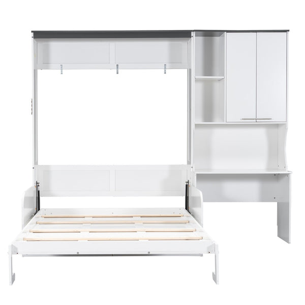 English Elm Multi-functional Queen Murphy Bed with Sofa Desk and Cabinet White Wood Frame N7090000606K-1