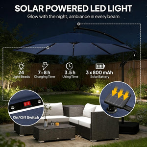 English Elm Garden Cantilever Patio Umbrella with Solar Led Lights and Upf30 Polyester Canopy Dark Blue T3971P481973