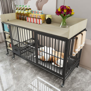 English Elm Large Iron Mdf Pet Enclosure with Storage Cabinet Rolling Casters and Steel Feeding Basins W3064P245384