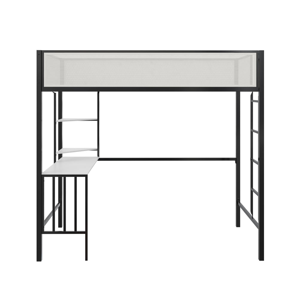 English Elm Axel Twin Loft Bed with Desk, Shelves & Mesh Guardrails — Space-Saving Metal Frame for Kids Teens Dorms B2733P358857