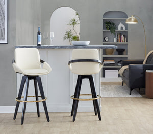 English Elm Fixed-height Swivel Barstools Upholstered Grey Fabric Black Wood Legs Kitchen Set of 2 Cream B202S01895