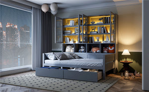 English Elm Twin Size Wooden Daybed With Stylish Glass Cabinets, Led Lighting & Open Shelves For Modern Spaces N820S00050E-GIGA