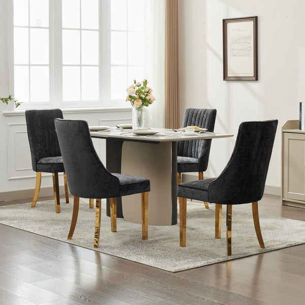 English Elm Rayon High Back Dining Chair Set with Plush Flocking Upholstery, Golden Stainless Legs, Comfort-Focused Design Black W1143P293315