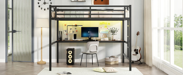 English Elm Metal Full Size Loft Bed with Desk, USB Power & RGB LED Lighting, Space-Saving Black Frame W1580P251091