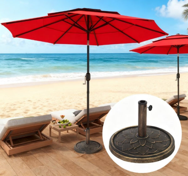 English Elm Umbrella Stand Resin Concrete Base with Lotus Relief Bronze Finish for Patio Decks T3971P426487