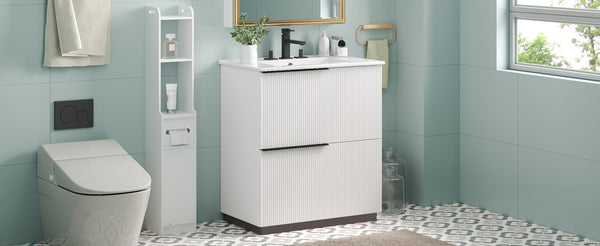 English Elm Christopher Knight Home® - 30" Elegant Bathroom Vanity With Fluted Design, Ceramic Sink, Full-Extension Drawers & Soft-Close Slides N817P295760W