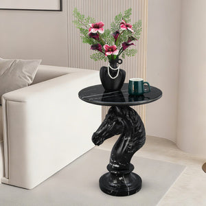 English Elm Horse Head Sculpted Resin End Table with Faux Marble Top for Bold Living Rooms Black W5398P454679
