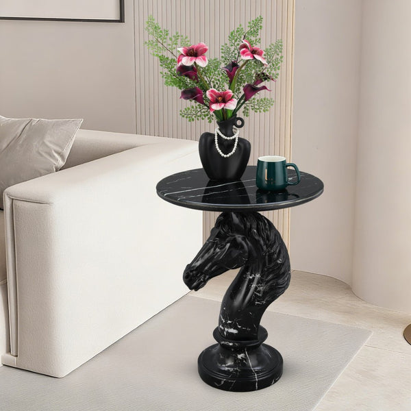 English Elm Horse Head Sculpted Resin End Table with Faux Marble Top for Bold Living Rooms Black W5398P454679