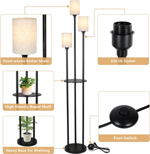 English Elm Floor Lamp With Shelves - 3-Light Industrial Design, Linen Shades & Foot Switch For Stylish Spaces W2738P185430