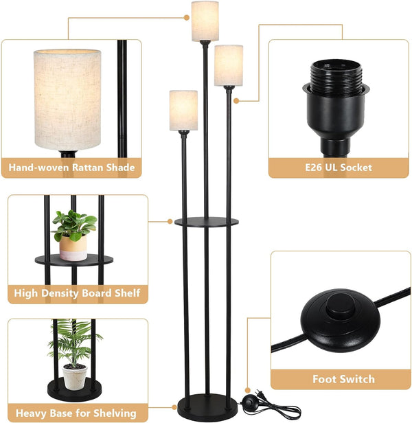 English Elm Floor Lamp With Shelves - 3-Light Industrial Design, Linen Shades & Foot Switch For Stylish Spaces W2738P185430
