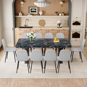 English Elm Table and Chair Set Seats Ten with Marble Pattern Mdf Top and Gray Linen Dining Chairs W1151S03922