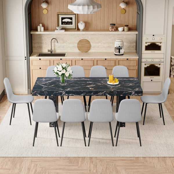 English Elm Table and Chair Set Seats Ten with Marble Pattern Mdf Top and Gray Linen Dining Chairs W1151S03922