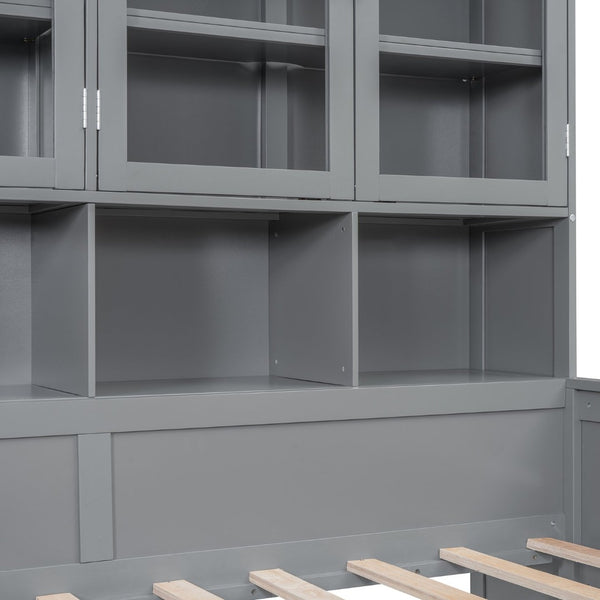 English Elm Twin Size Wooden Daybed With Stylish Glass Cabinets, Led Lighting & Open Shelves For Modern Spaces N820S00050E-GIGA