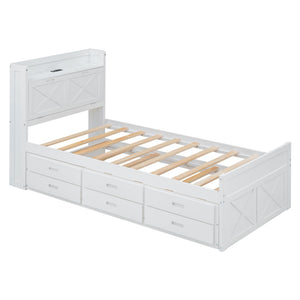 English Elm Twin Storage Bed with Headboard Outlets, Extendable Trundle & 3 Drawers, Durable MDF/Plywood Design White 80.5 L x 17.75 W x 5.25 H N733S172839K